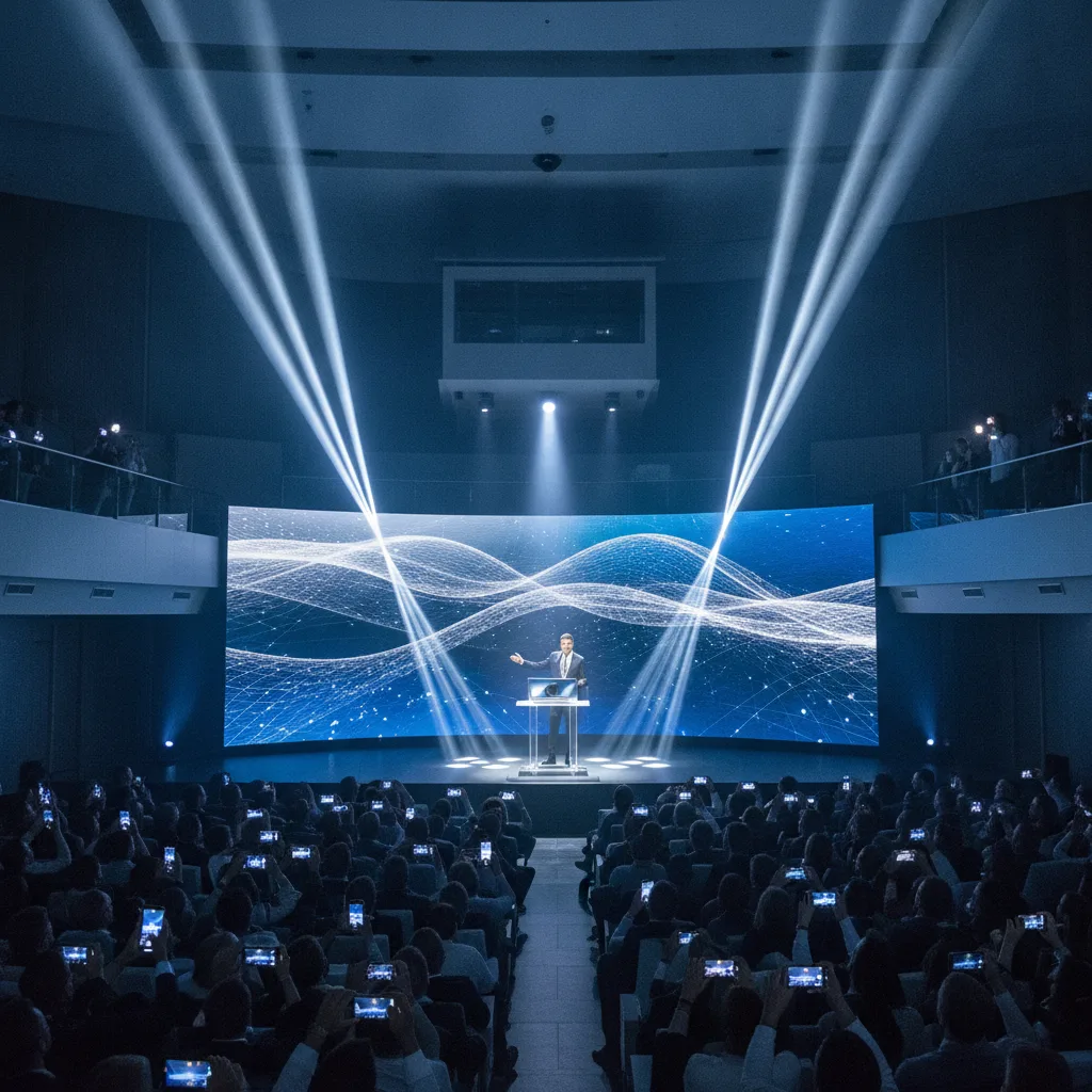 Grande salle de conférence sous verrière, chaises pliantes noires en configuration théâtre face à une scène avec écran géant et pont lumière